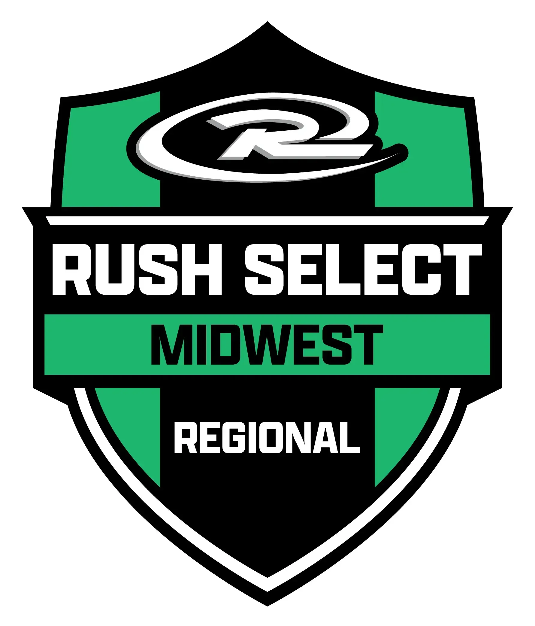 Logo for Rush Select Midwest Regional. Features a green and black shield with 