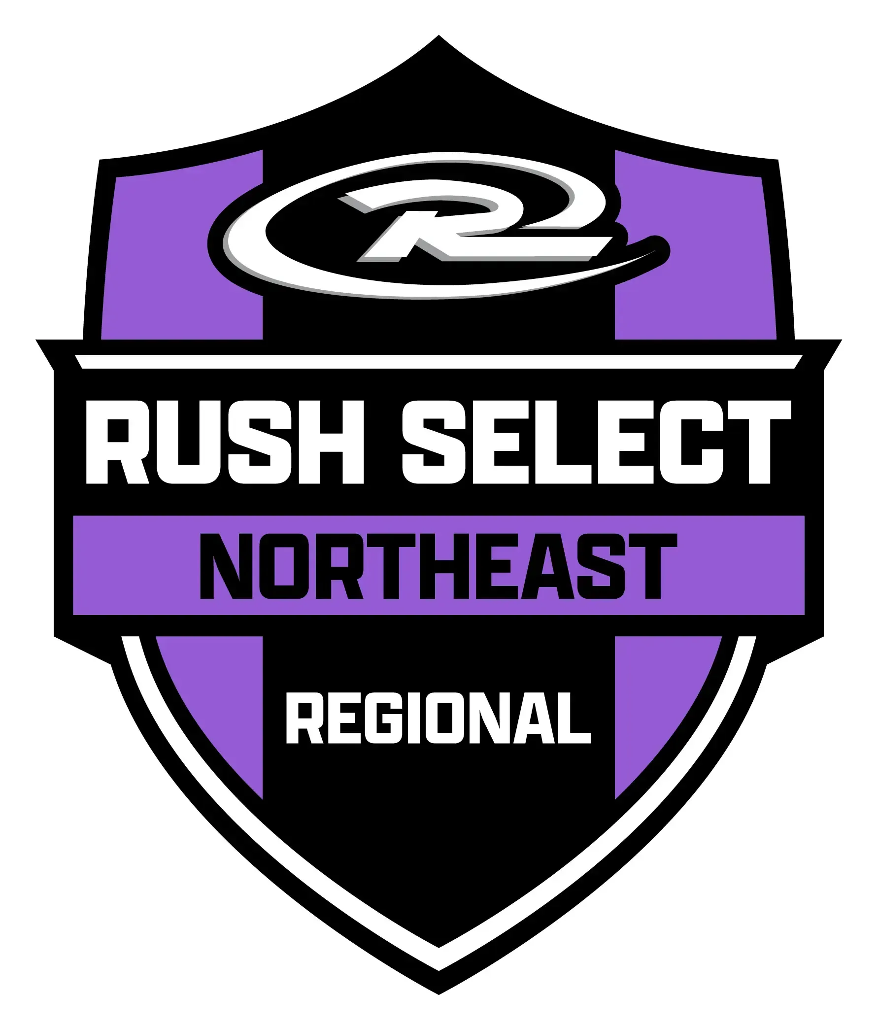 Rush Select Northeast Regional logo, purple and black shield with text.