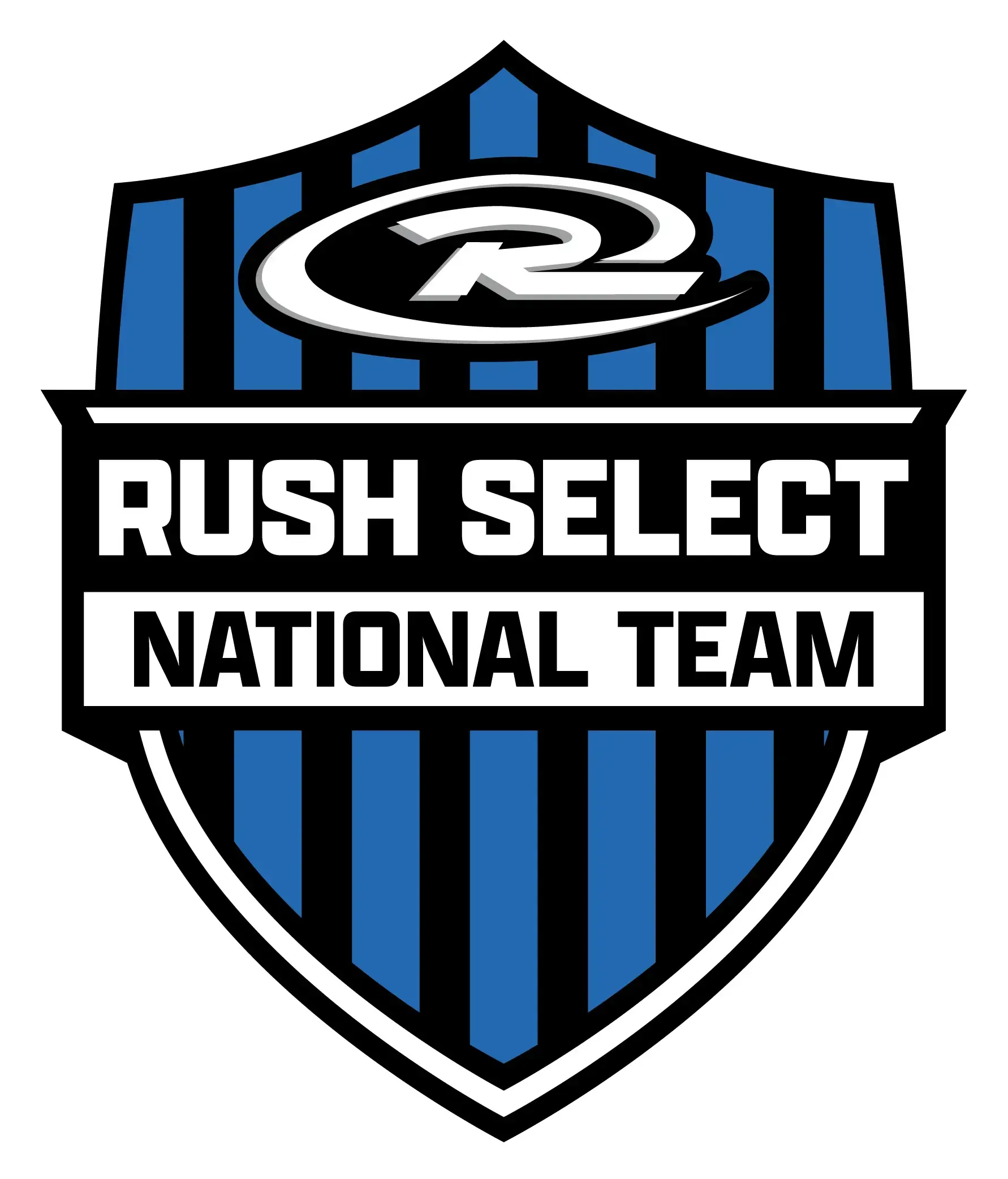 Rush Select National Team logo: Blue and black shield with white text and a double-R symbol.