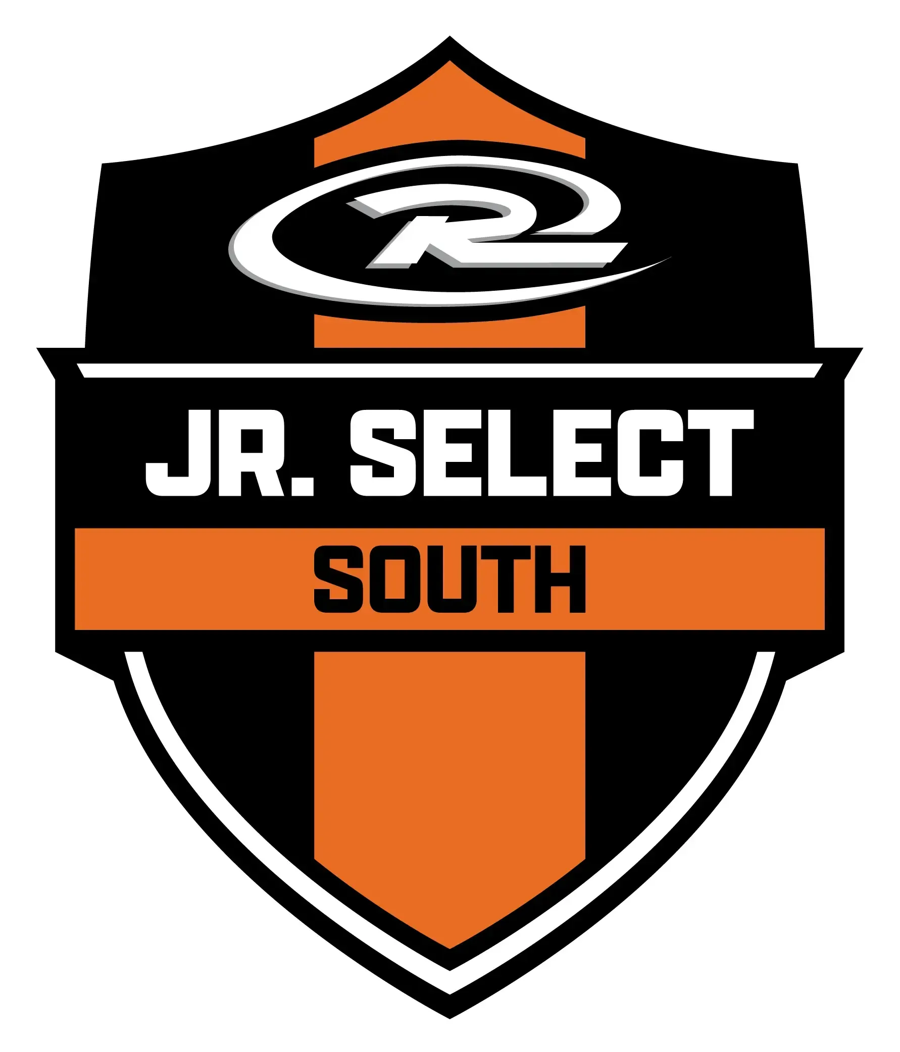 Jr. Select South logo in black, orange, and white; shield shape with the brand logo at the top.