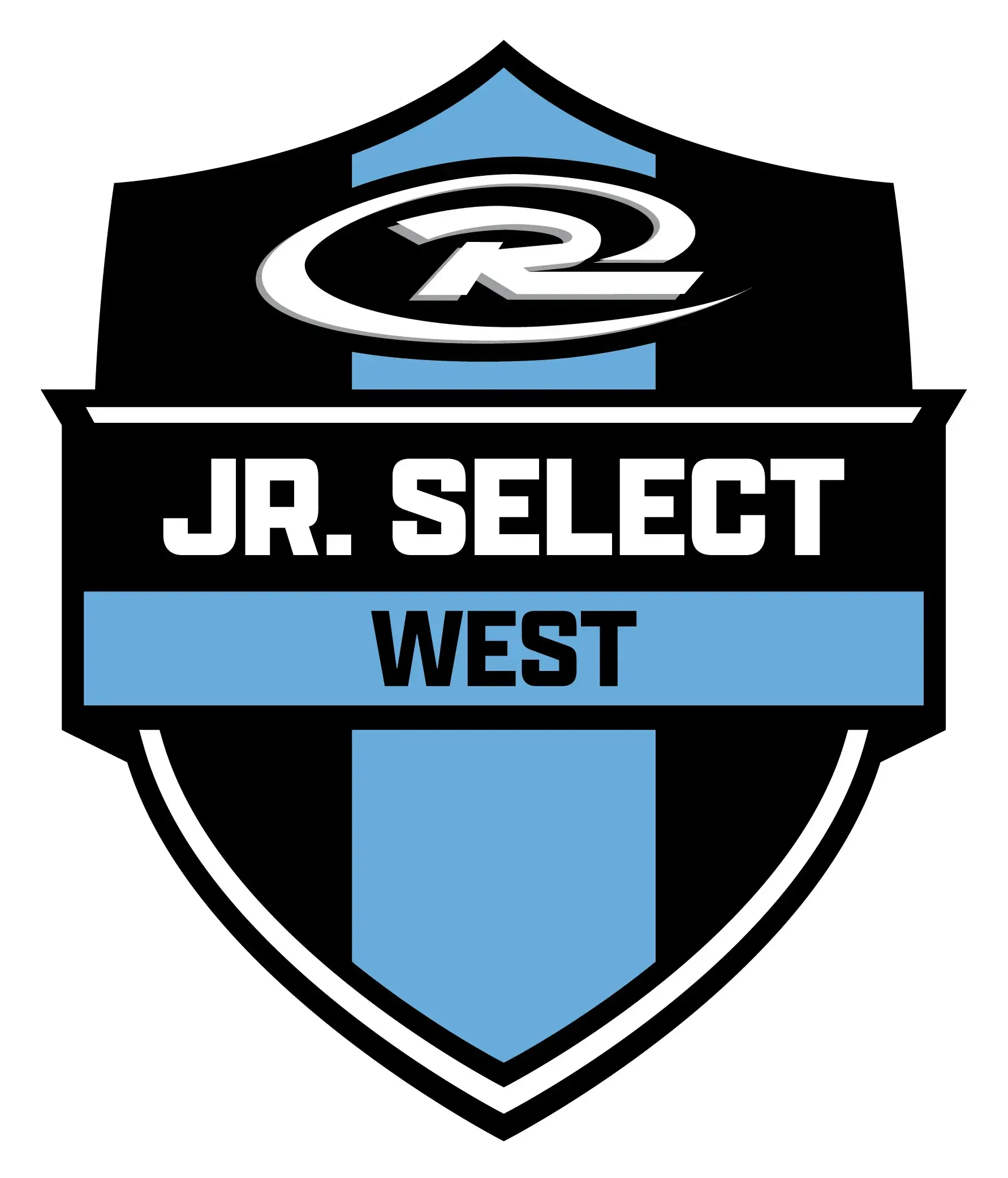 Logo for Jr. Select West: Black and light blue shield with 
