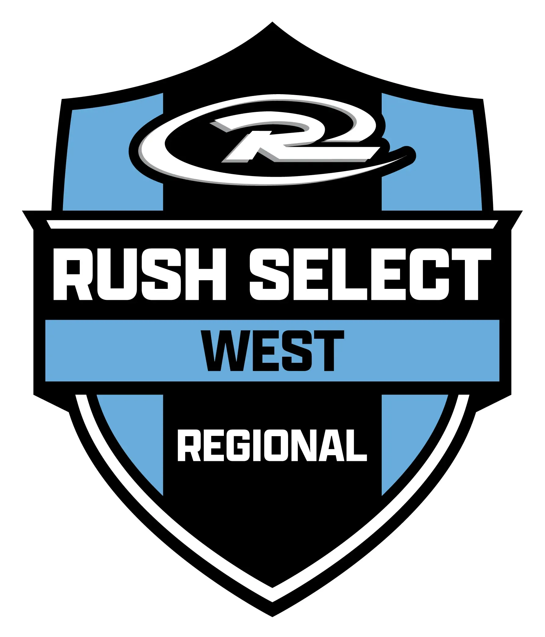 Logo for Rush Select West Regional: black and blue shield with text and a stylized 