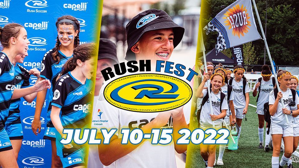 Rush Fest soccer event banner. Players in blue uniforms, smiling, and marching, with event logo and dates.