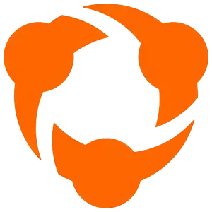 Orange abstract symbol with three rounded, arrow-like shapes in a circular formation.