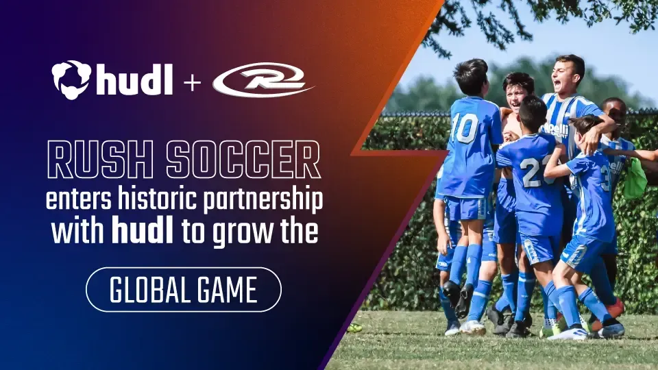 Advertisement: Hudl and Rush Soccer partnership, with soccer players in blue celebrating.