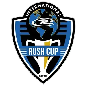 Rush Cup International logo: Shield shape with globe, text, blue, black, and yellow.
