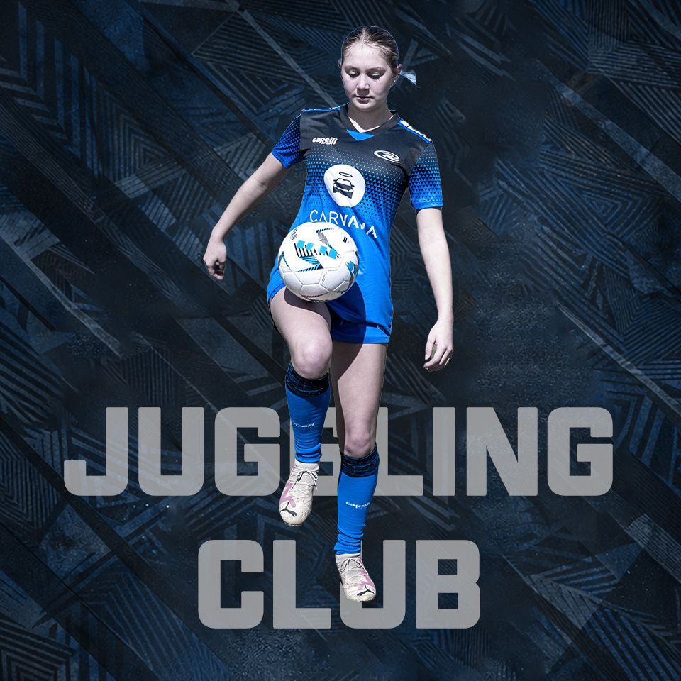Female soccer player juggling a ball in blue kit with “JUGGLING CLUB” text on a dark background