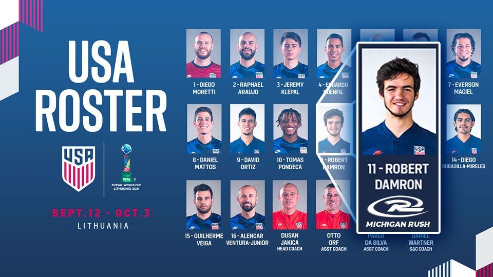 USA Roster for World Cup, Lithuania, with headshots of soccer players in blue jerseys. Includes a portrait of Robert Damron.