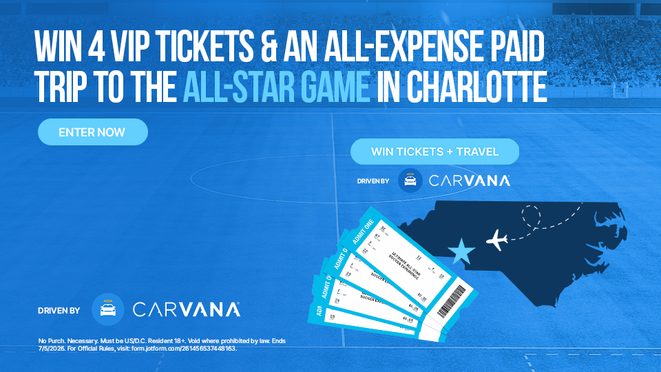 Blue promo ad for Carvana: win 4 VIP tickets and an all-expense-paid trip to the All-Star Game in Charlotte.