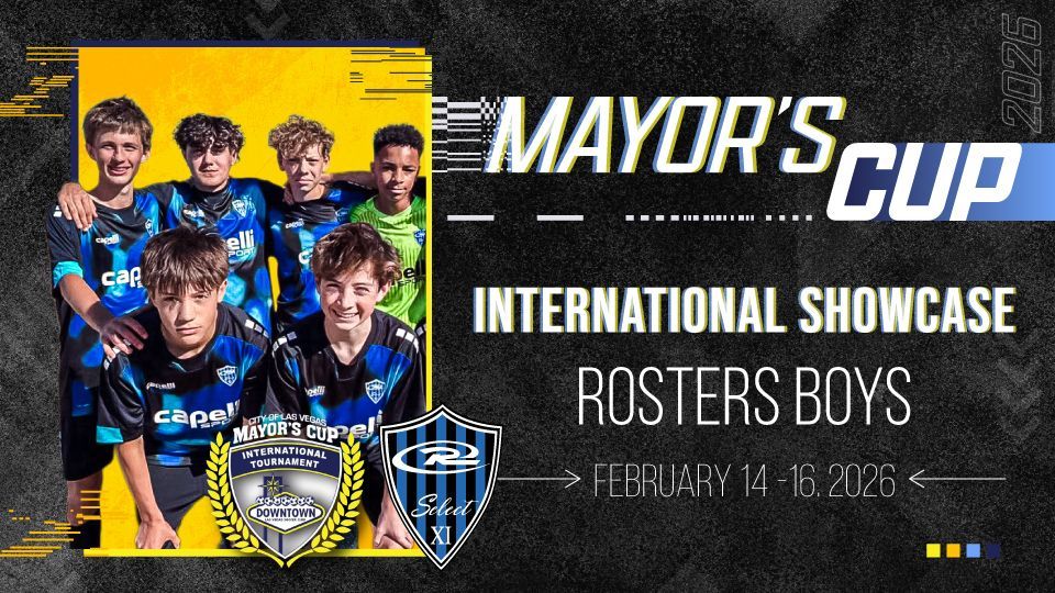 Soccer poster: Mayor's Cup, International Showcase, rosters boys. Players in blue uniforms. February 14-16, 2026.