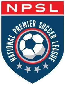 NPSL logo: blue shield with white soccer ball, red border, and 