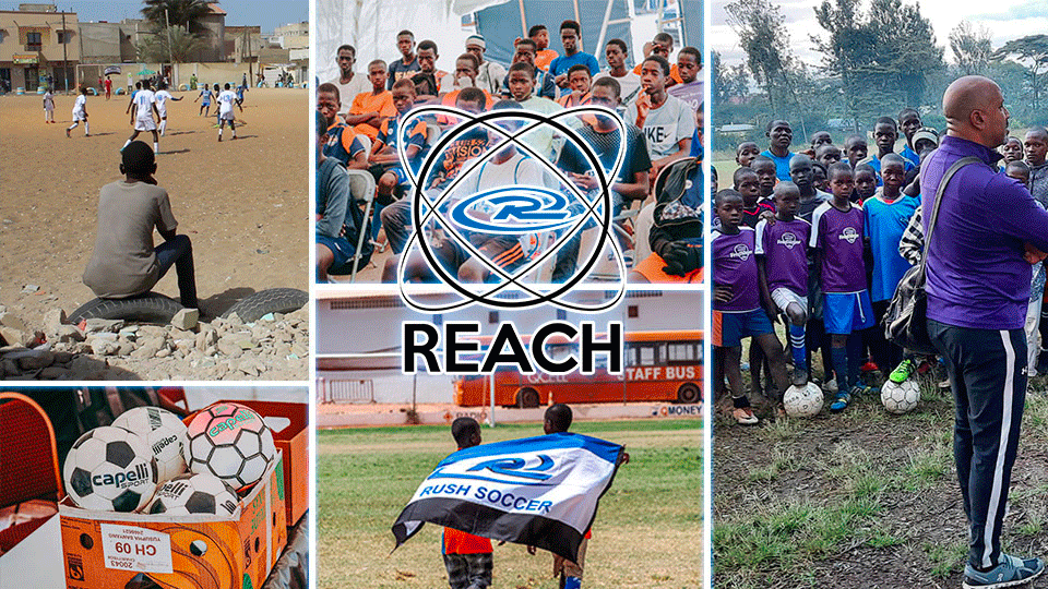 Soccer players and fans in various settings. Logo “Reach” in the center.