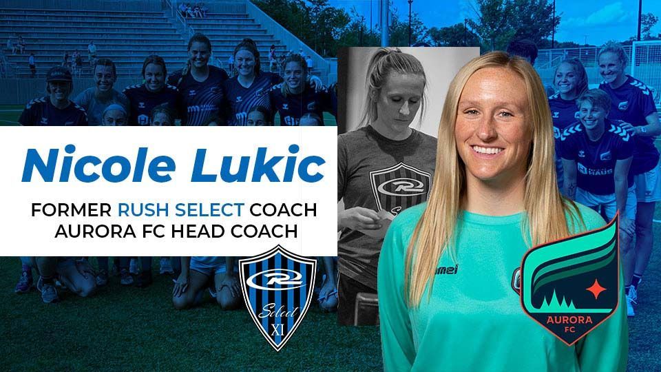 Nicole Lukic, soccer coach, poses with a team logo, and two insets: action shot and team photo.