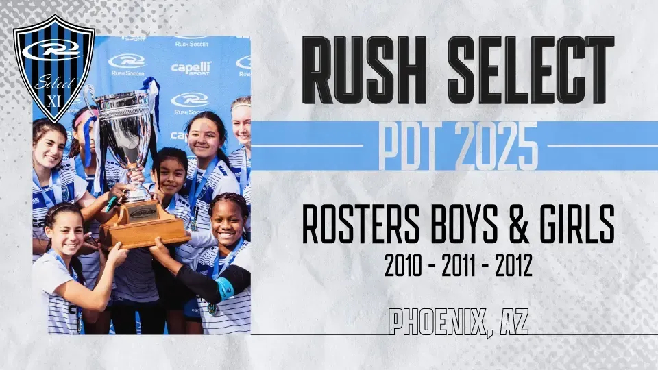 Rush Select PDL 2025 graphic with trophy-holding team photo, 