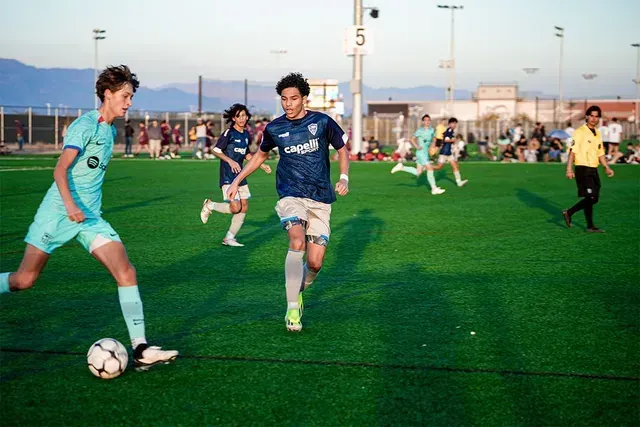 Soccer game on green field. Players in light blue and dark blue uniforms. Referee watches. Mountains in background.