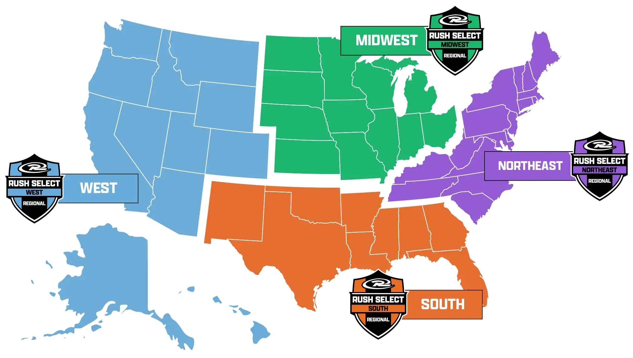 Map of the US divided into four regions: West (blue), Midwest (green), South (orange), and Northeast (purple).