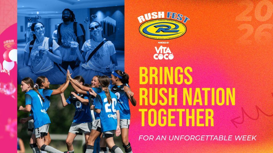 Blue-lit volleyball team celebrates beside a pink-orange ad reading “BRINGS RUSH NATION TOGETHER”