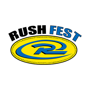Rush Fest logo with a blue and yellow oval design, including values like leadership, respect, and safety.