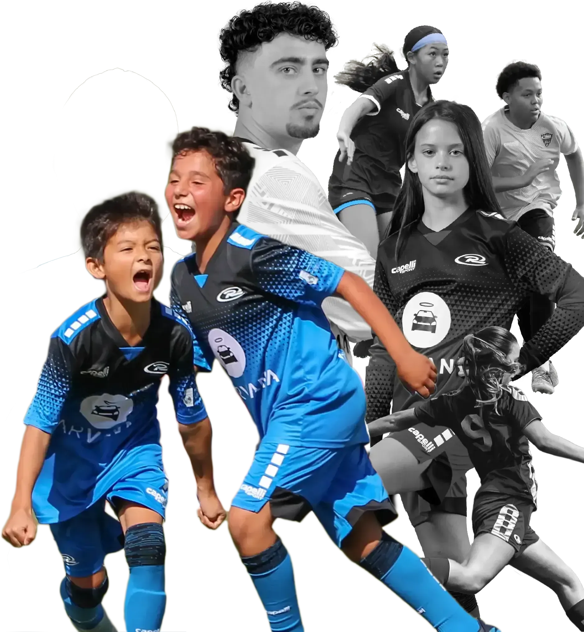 Woman in blue soccer jersey, holding up jersey, with other soccer players in background.