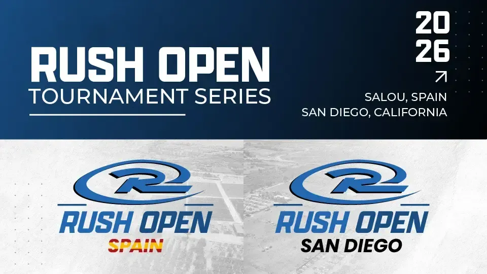 Rush Open Tournament Series logo with text and logos for Spain and San Diego events.