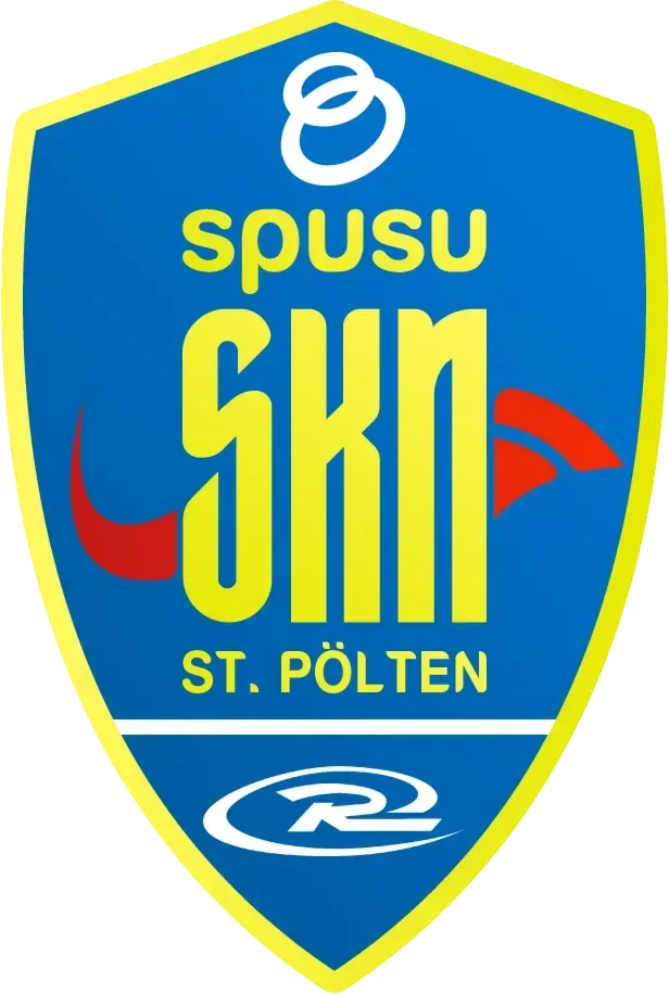 Logo of SPUSU SKN St. Pölten soccer club: blue shield with yellow text, including 