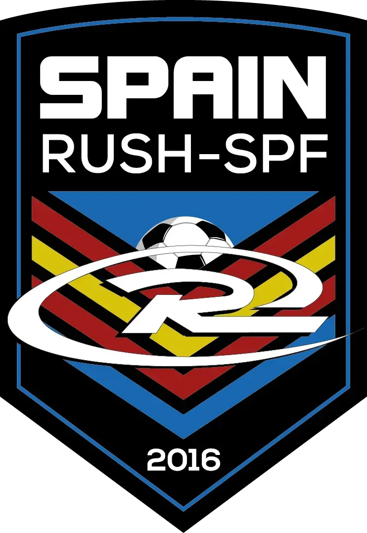 Spain Rush-SPF soccer team logo with shield outline, soccer ball, 