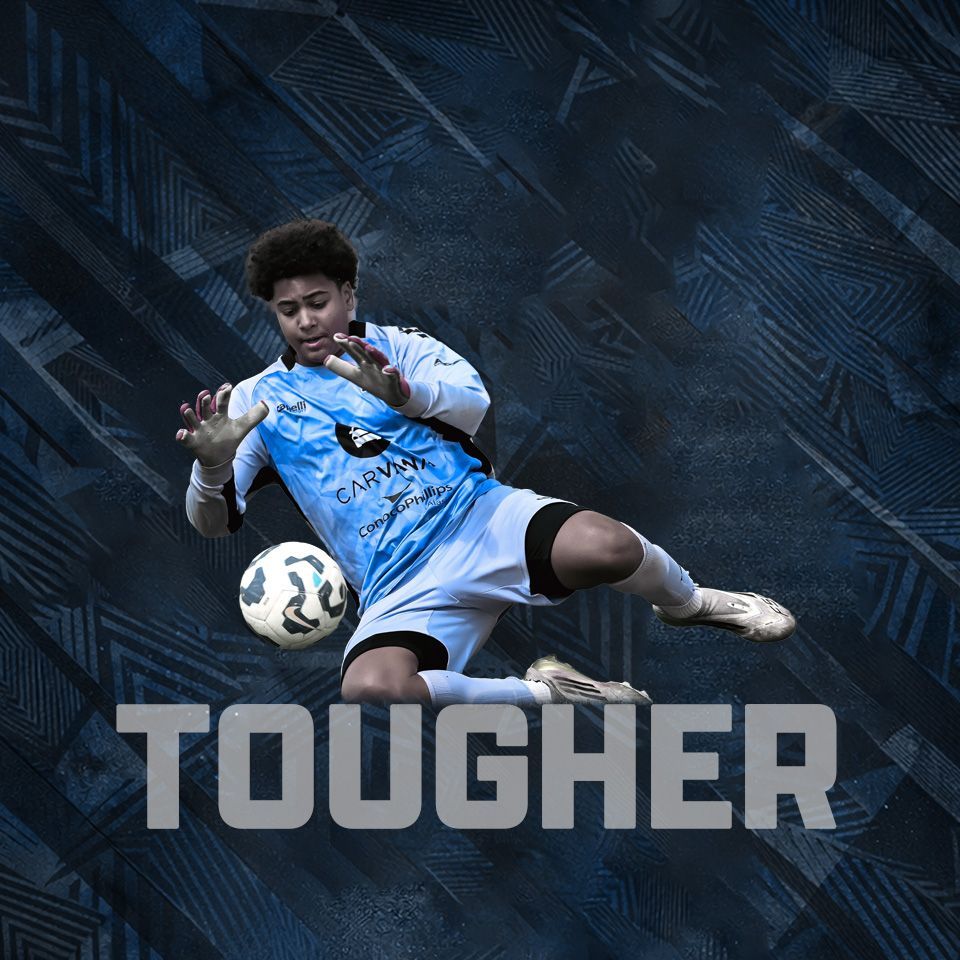 A soccer goalkeeper in a pink jersey dives to catch a ball against a dark, textured background with the text 