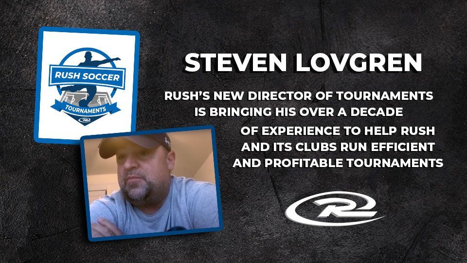 Steven Lovgren, Rush's new Director of Tournaments, with logo. 