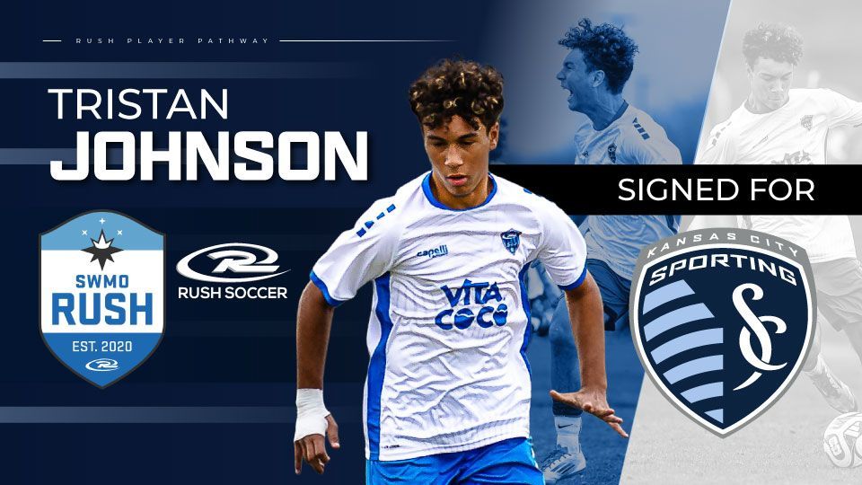 Tristan Johnson in white and blue soccer kit, signed for Sporting Kansas City, with club logos and sponsor badges