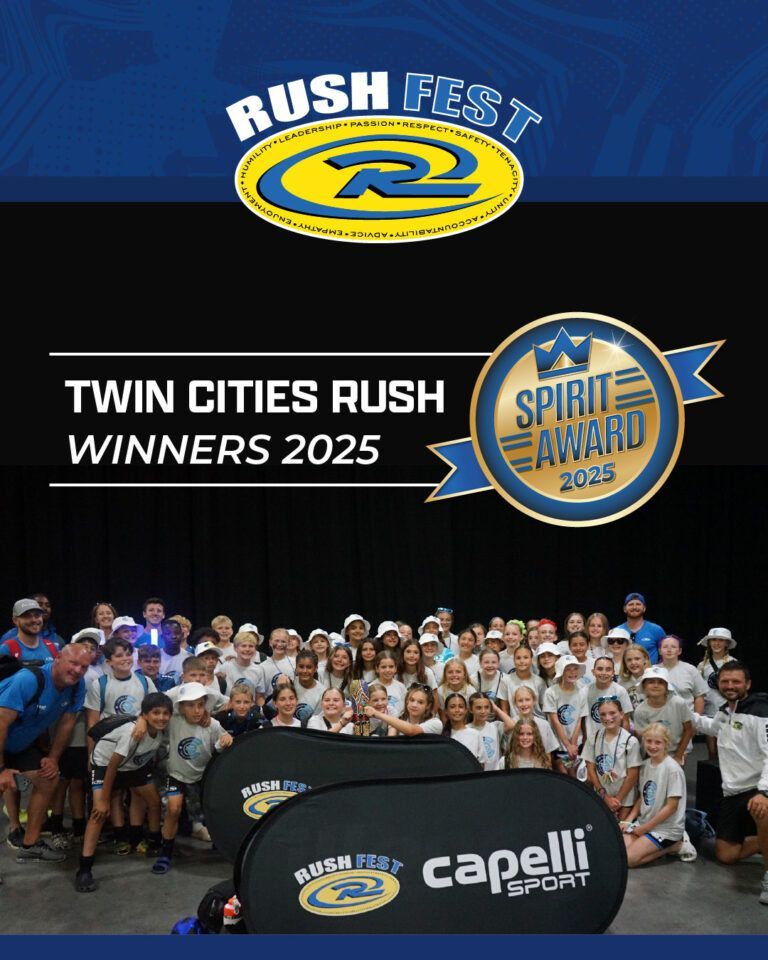 Group photo: Twin Cities Rush Winners 2025 at Rush Fest. Many kids in front of a blue backdrop, celebrating the Spirit Award.