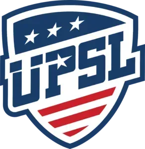 UPSL soccer league logo: blue shield with white stars and red stripes, 