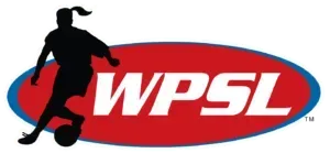 Black silhouette of a female soccer player kicking the ball inside a red and blue oval with 