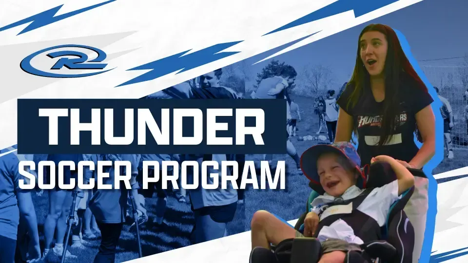 Soccer program logo with a child in a wheelchair being pushed by a person; both smiling. Blue and white colors.