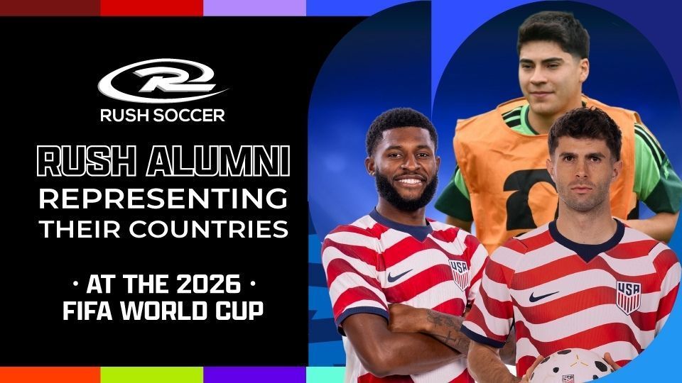 Rush Soccer graphic: three soccer players over a blue background, text about Rush alumni at the 2026 FIFA World Cup