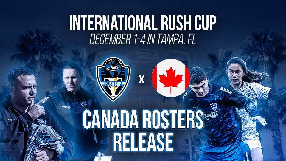 International Rush Cup in Tampa, FL. Soccer players and coaches with a logo and Canada flag in blue