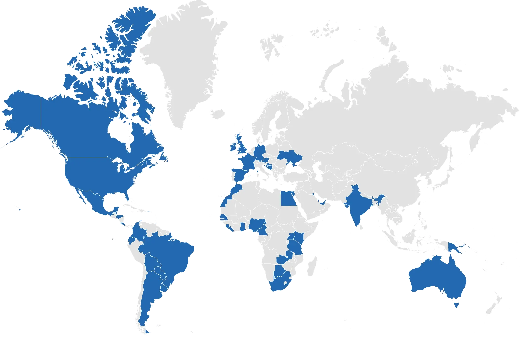 World map highlighting countries in blue, likely indicating a specific group or data.