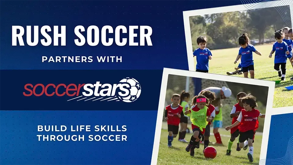 A poster that says rush soccer partners with soccerstars