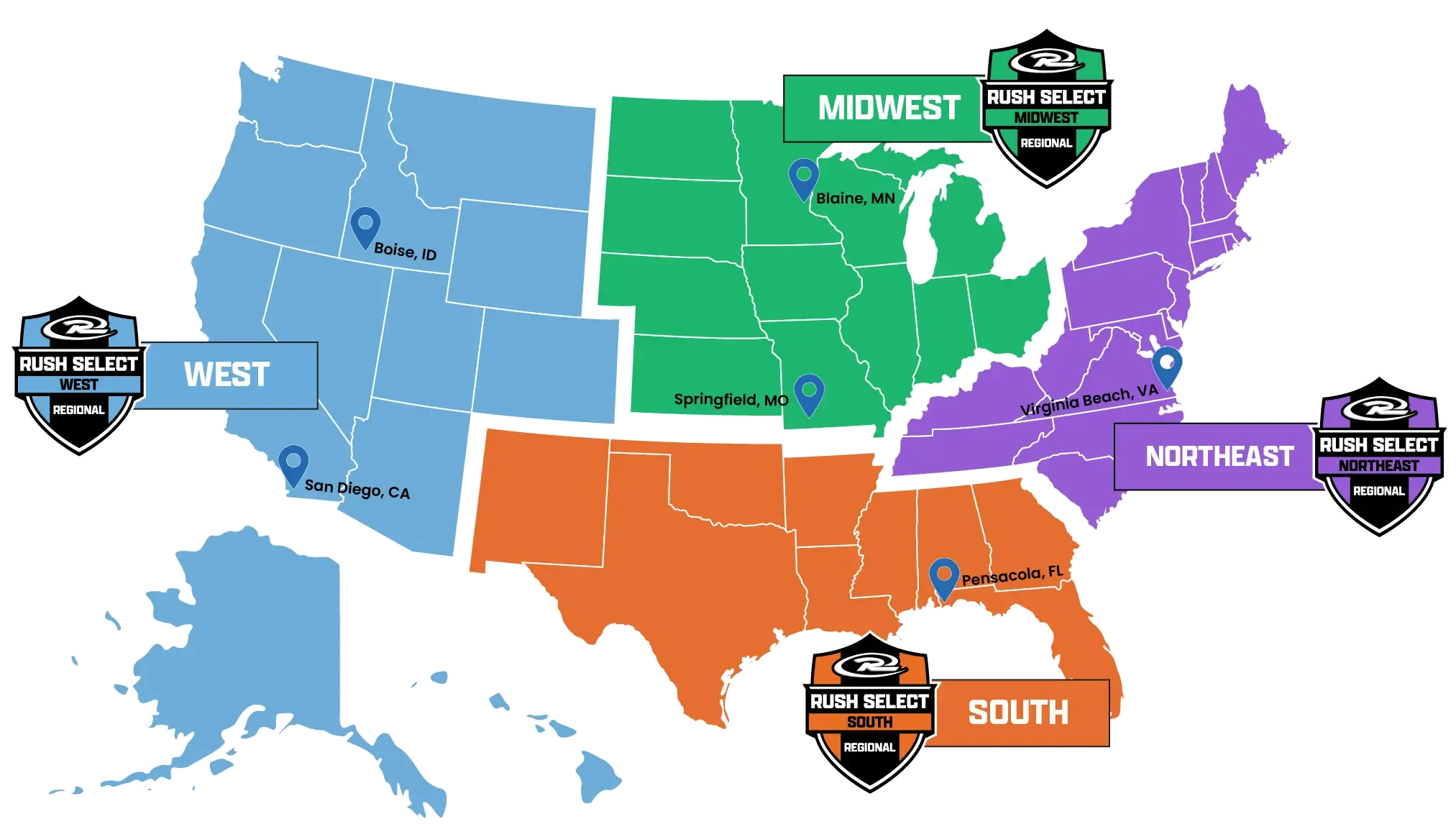 Map of the US divided into four regions: West (blue), Midwest (green), South (orange), and Northeast (purple).