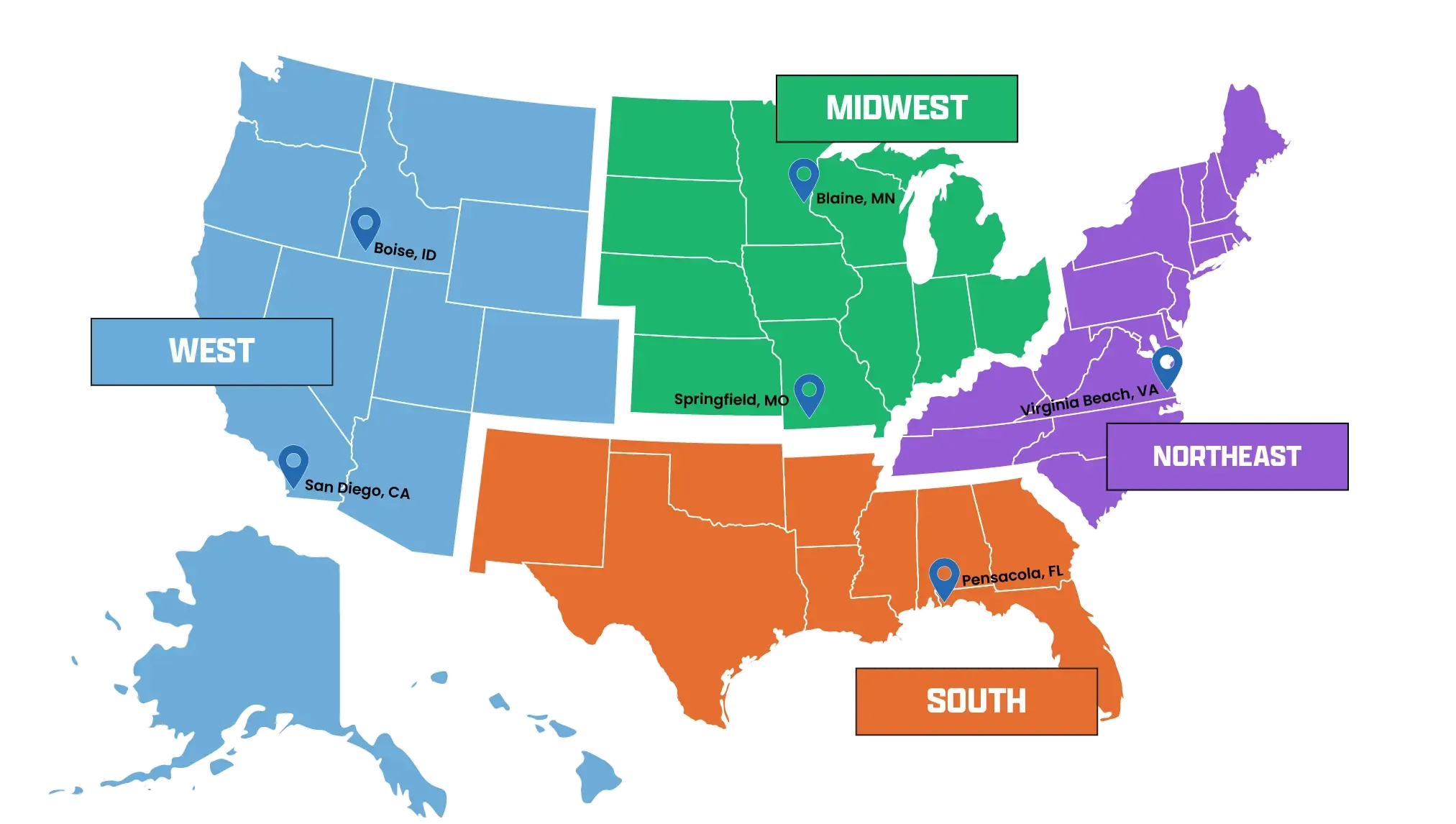 Map of the US divided into four regions: West (blue), Midwest (green), South (orange), and Northeast (purple). 