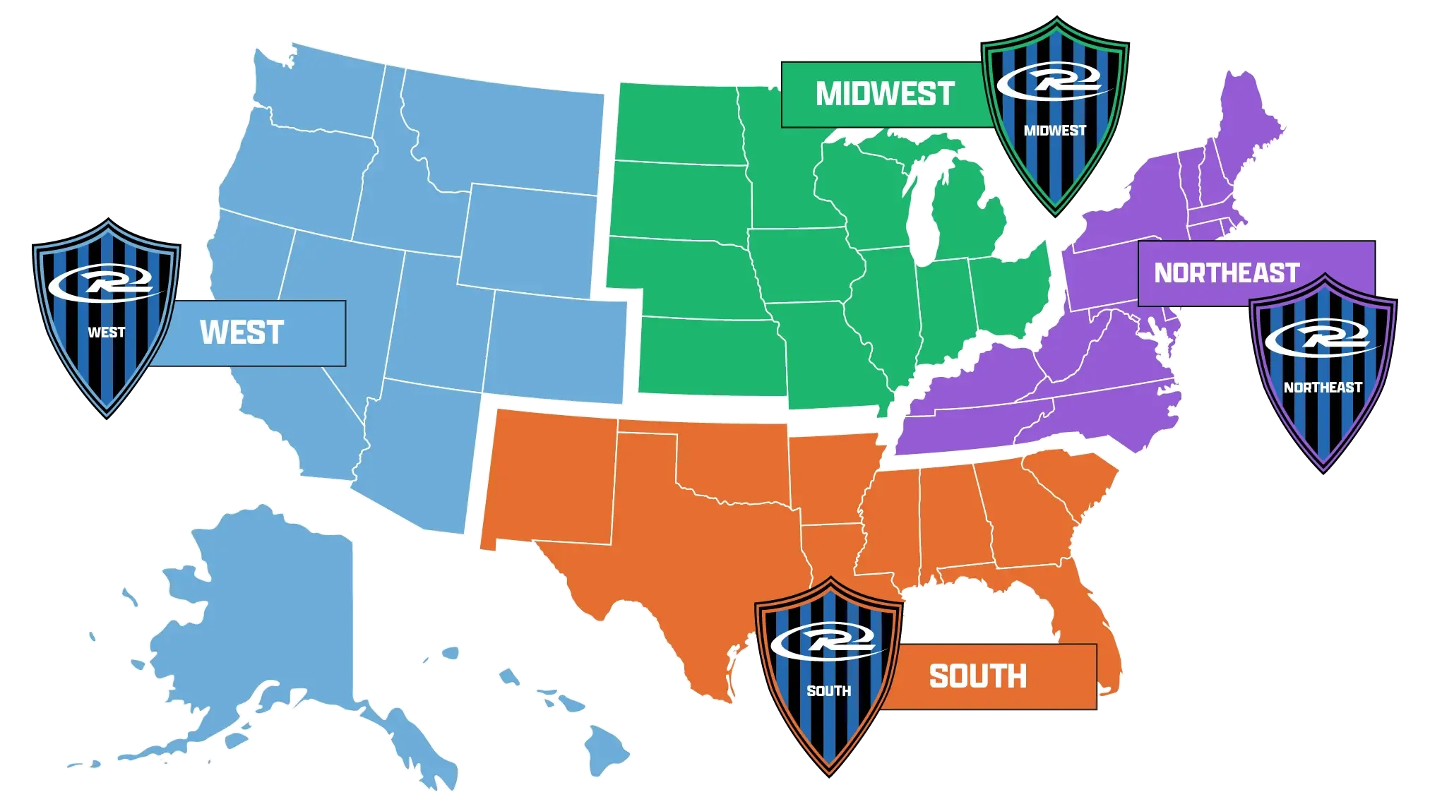 Map of the US divided into four regions: West (blue), Midwest (green), South (orange), and Northeast (purple).