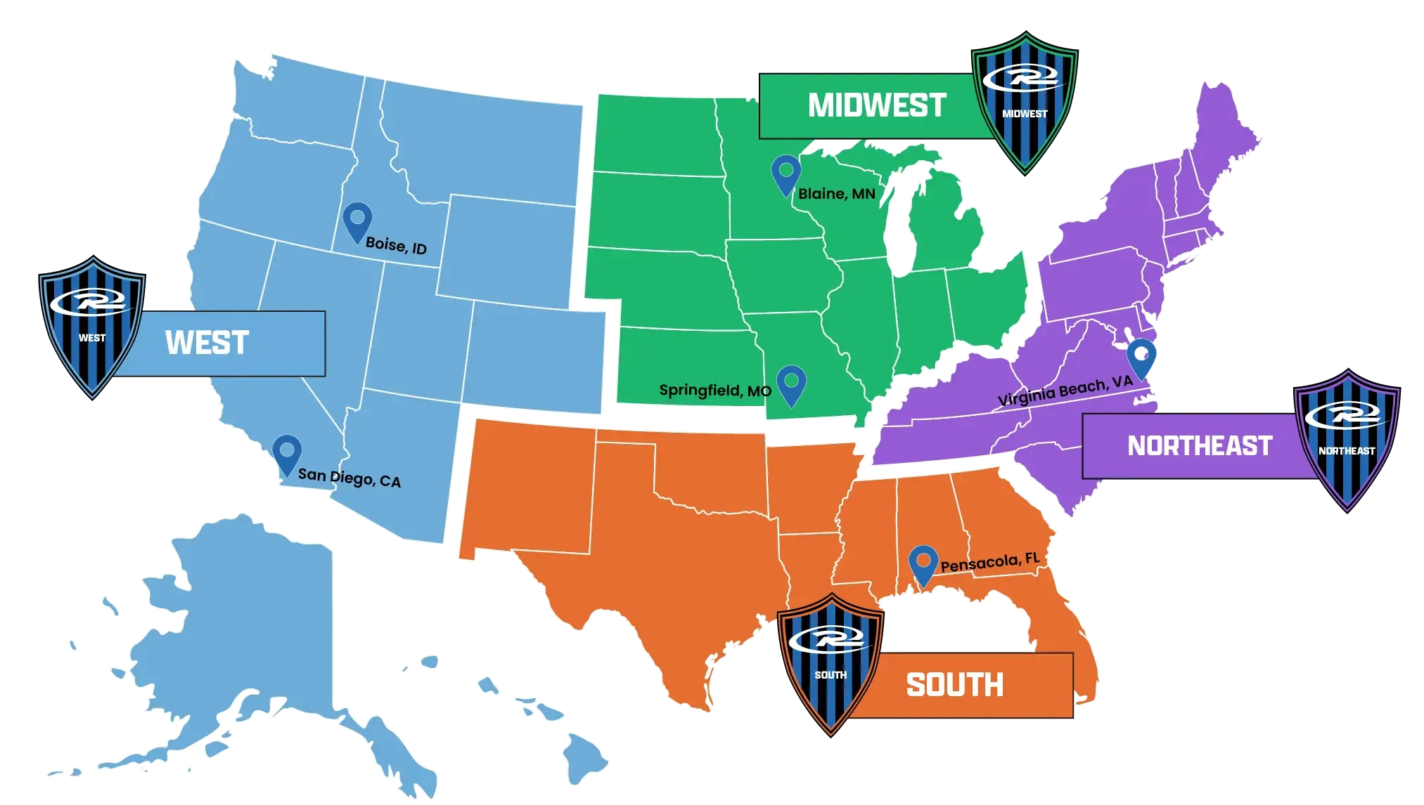 Map of the US divided into four regions: West (blue), Midwest (green), South (orange), and Northeast (purple).