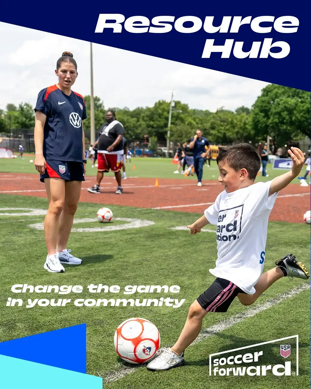 A child kicking a soccer ball on a field with an adult, the title