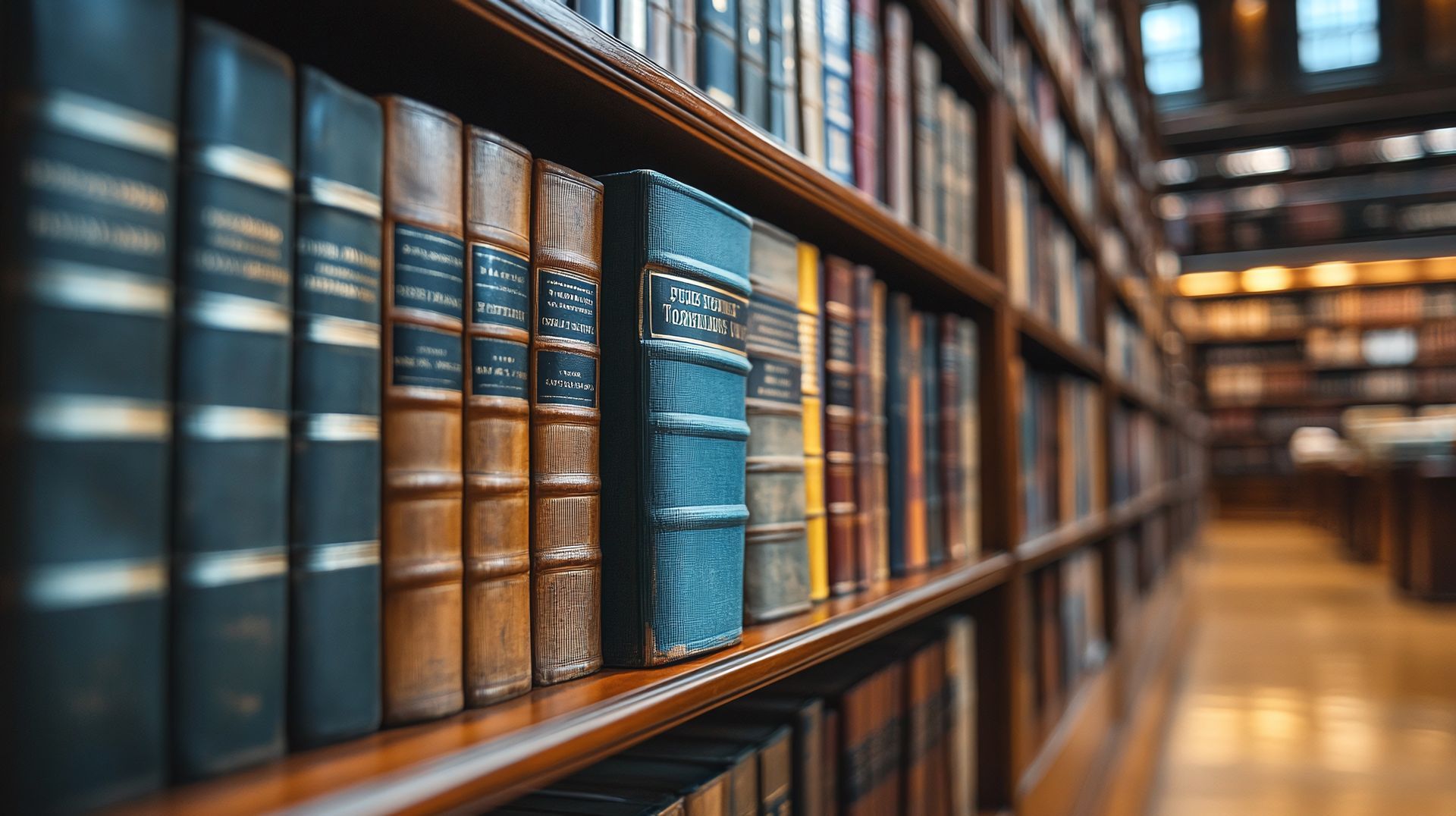 Étagères remplies de livres dans une bibliothèque, avec un gros plan sur un livre bleu.