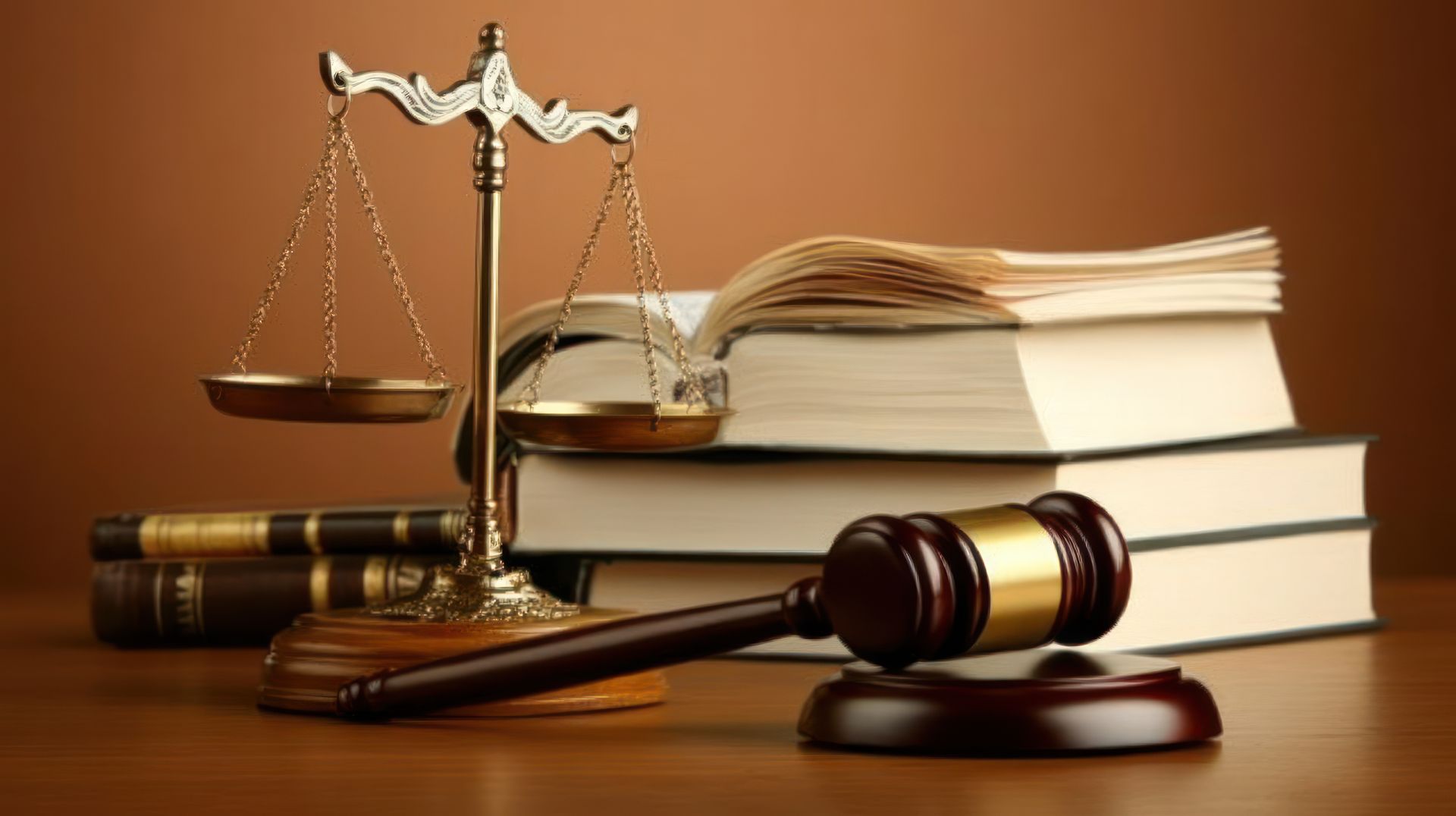 Scales of justice, gavel, and law books on a wooden desk.
