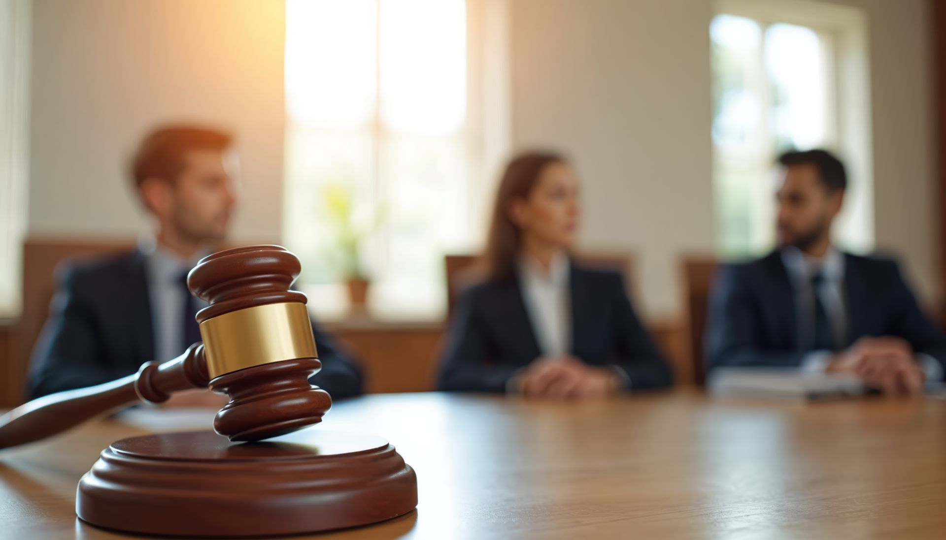 Marteau sur une table en bois dans une salle d'audience avec trois avocats flous en costume assis en arrière-plan.