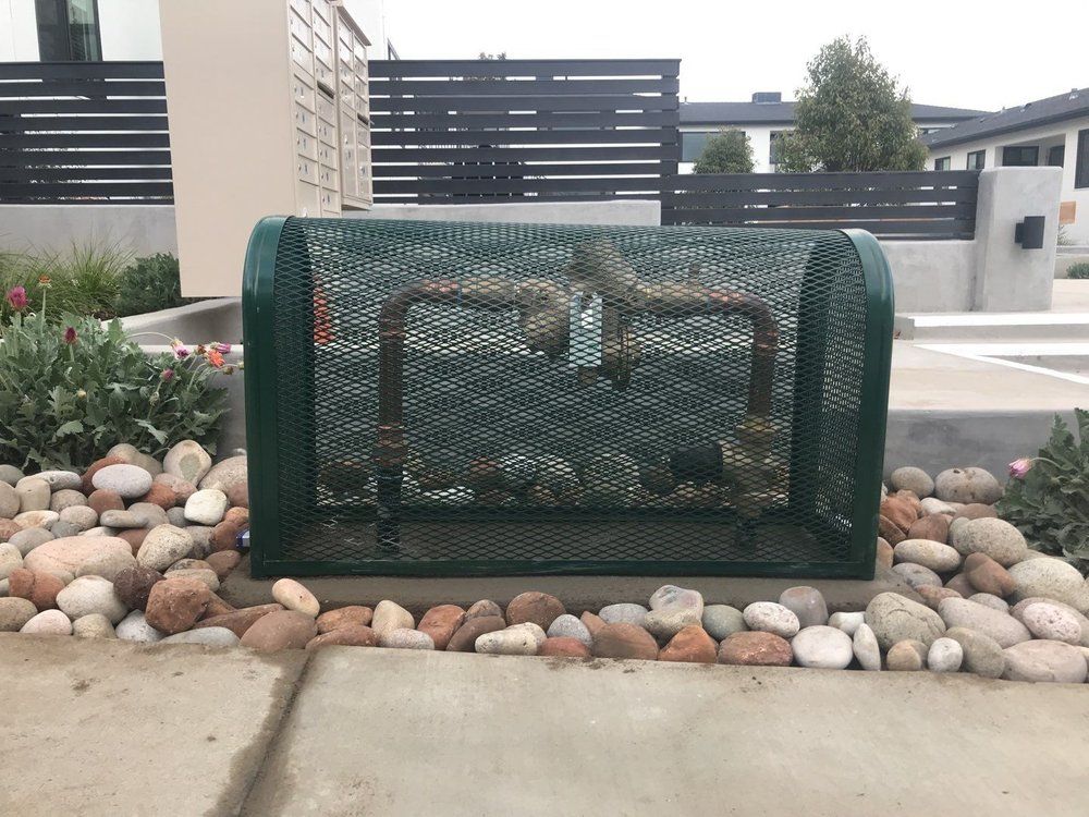 Two squirrels are in a green cage on the sidewalk.