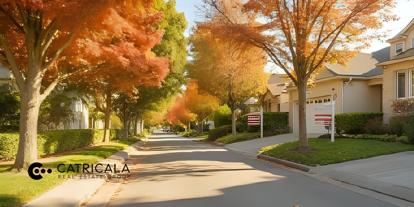 Street lined with colorful autumn trees, houses, and real estate signs under a clear sky.
