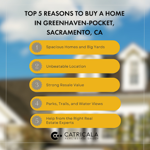 5 reasons to buy a home in Greenhaven-Pocket, Sacramento, CA: space, location, resale value, nature views, and  expert help.
