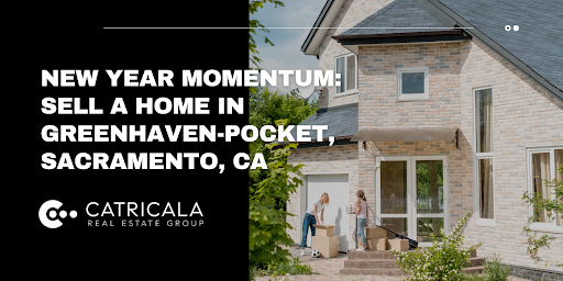 Real estate ad: People moving boxes out of a two-story home in Sacramento, CA. Text: Sell a home in Greenhaven-Pocket.