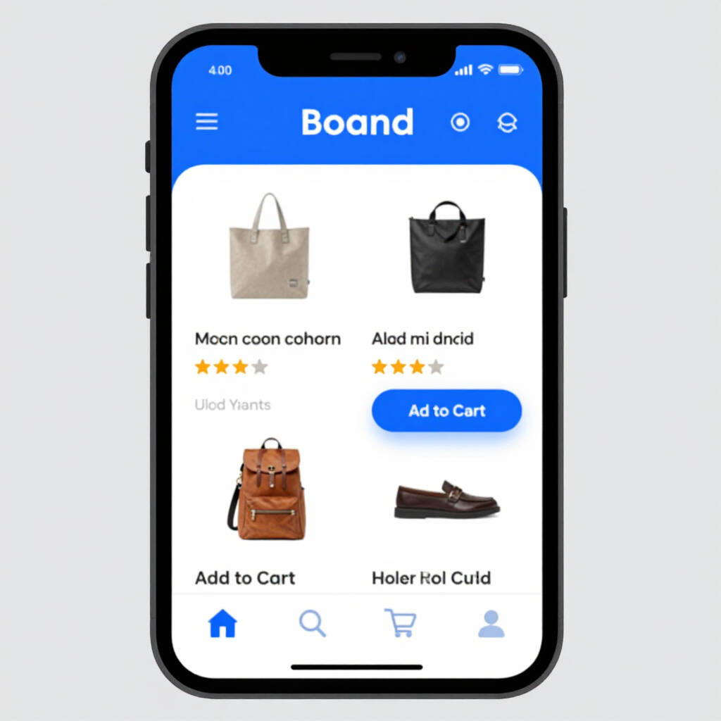 A smartphone screen displaying a shopping app interface with four product items, including bags, shoes, and add-to-cart buttons.